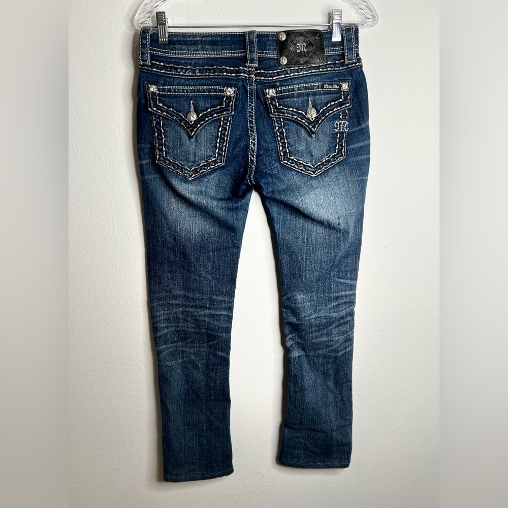 Miss Me  Low Rise Dark Wash Rhinestone Faux Flap Pocket Jean Sze 27 (30X28.5) - Picture 2 of 10